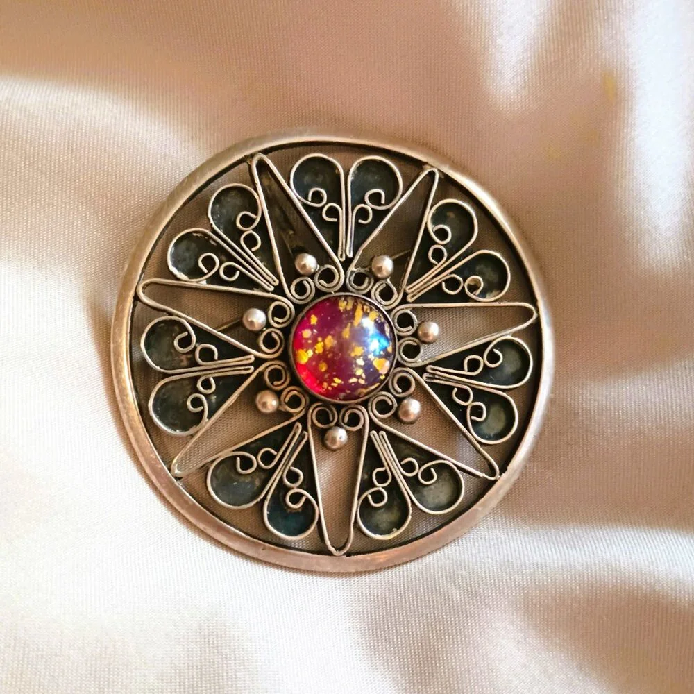 RN Vtg 925 Round Filigree Brooch Hecho En Mexico Amber Color Center Pendant
